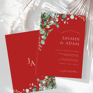 Festive Crimson Red Eucalyptus Greenery Wedding Invitation
