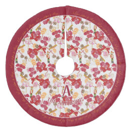 Festive Crimson Spice Botanical Ornament Monogram Fleece Tree Skirt