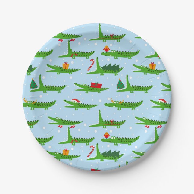Festive Crocodiles in Christmas Costumes Pattern Paper Plate (Front)