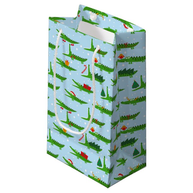 Festive Crocodiles in Christmas Costumes Pattern Small Gift Bag (Front Angled)