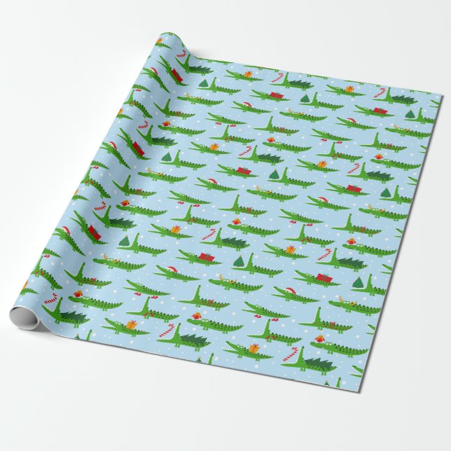 Festive Crocodiles in Christmas Costumes Pattern Wrapping Paper (Unrolled)