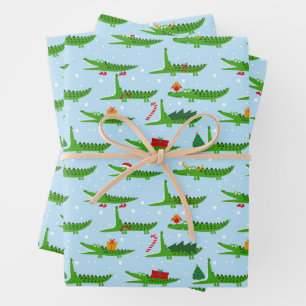 Festive Crocodiles in Christmas Costumes Pattern Wrapping Paper Sheet