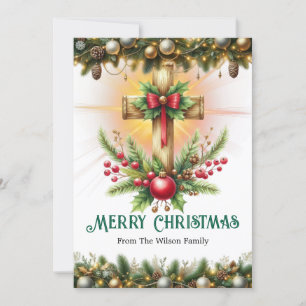 Festive Cross with Red Bow and Baubles, Christmas Holiday Card