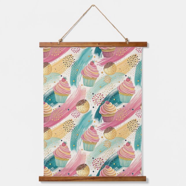 Festive Cupcake & Brushstroke Celebration Pattern Hanging Tapestry (Front)