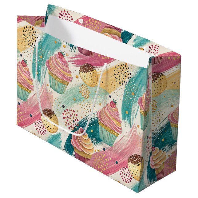 Festive Cupcake & Brushstroke Celebration Pattern Large Gift Bag (Front Angled)