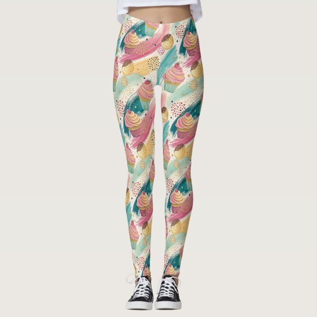 Festive Cupcake & Brushstroke Celebration Pattern Leggings (Front)