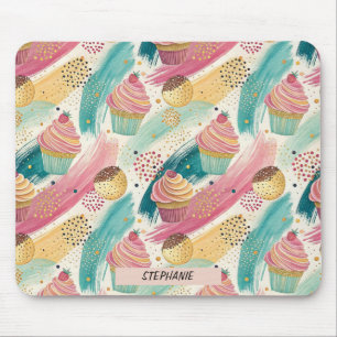 Festive Cupcake & Brushstroke Celebration Pattern Mouse Pad