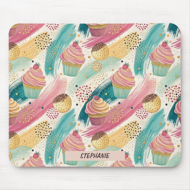 Festive Cupcake & Brushstroke Celebration Pattern Mouse Pad (Front)