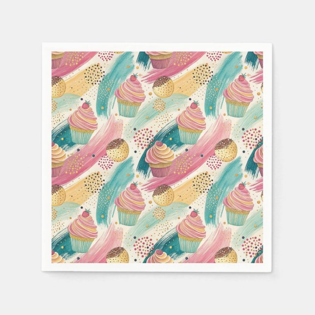 Festive Cupcake & Brushstroke Celebration Pattern Napkin (Front)