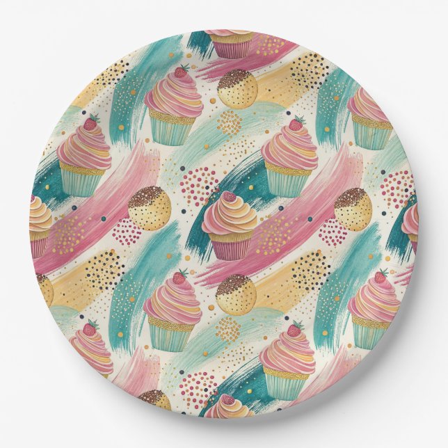 Festive Cupcake & Brushstroke Celebration Pattern Paper Plate (Front)