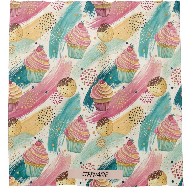 Festive Cupcake & Brushstroke Celebration Pattern Shower Curtain (Front)