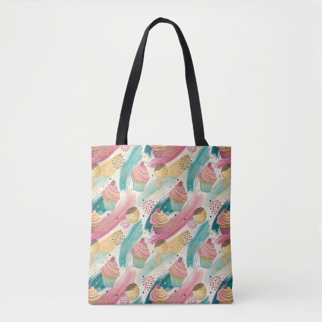 Festive Cupcake & Brushstroke Celebration Pattern Tote Bag (Front)