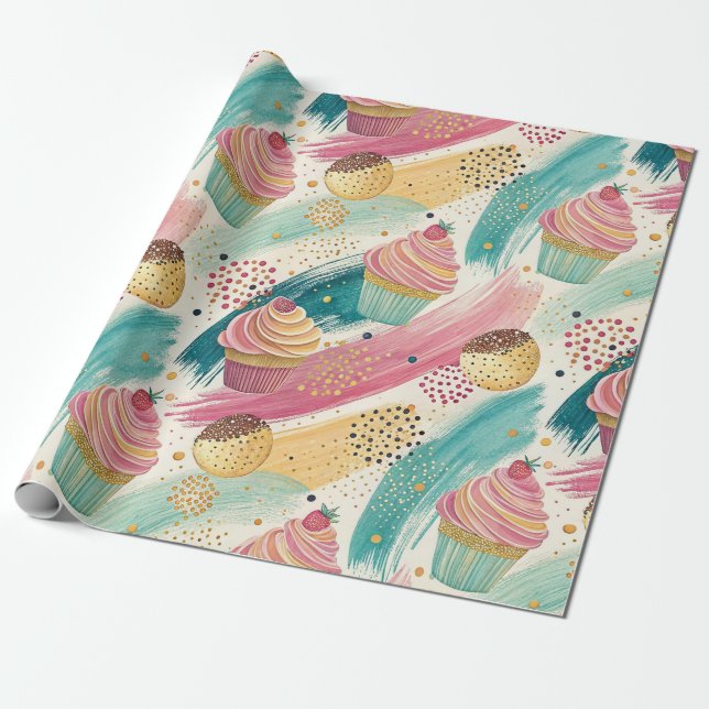 Festive Cupcake & Brushstroke Celebration Pattern Wrapping Paper (Unrolled)