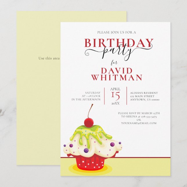 FESTIVE CUPCAKE WITH CHERRY BIRTHDAY PARTY INVITATION (Front/Back)
