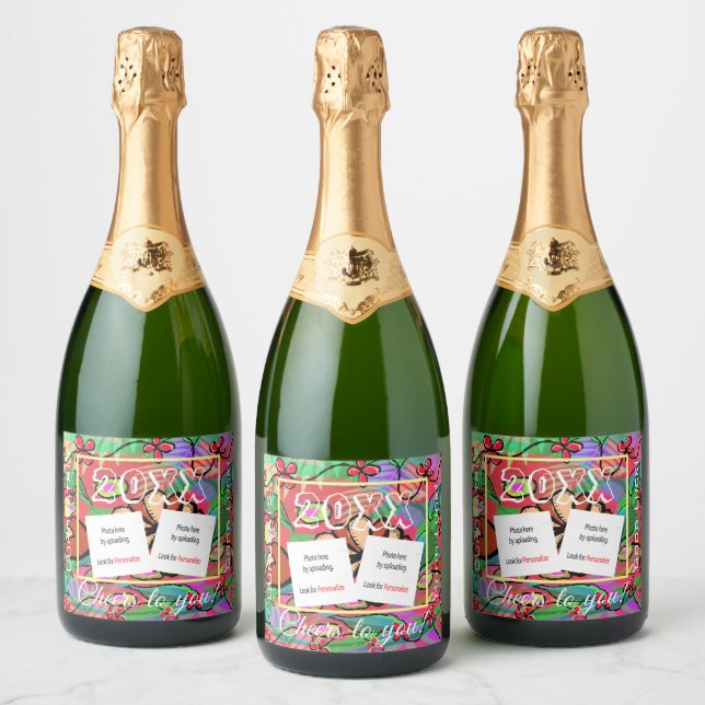 Festive Custom Photo Sparkling Wine Beverage Label (Bottles)