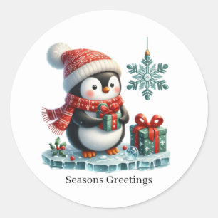 Festive customisable penguin Seasons Greetings Classic Round Sticker