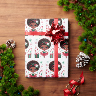 Festive Cute African American Ballerina Christmas Wrapping Paper