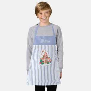 Festive Cute Blue Gingerbread House Stripe Name Apron