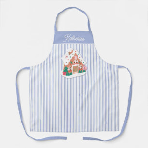 Festive Cute Blue Gingerbread House Stripe Name Apron