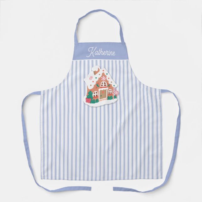 Festive Cute Blue Gingerbread House Stripe Name Apron (Front)