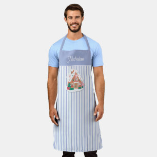 Festive Cute Blue Gingerbread House Stripe Name Apron