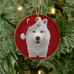 Festive Cute Cartoon Style Samoyed Dog With Santa Ceramic Ornament
