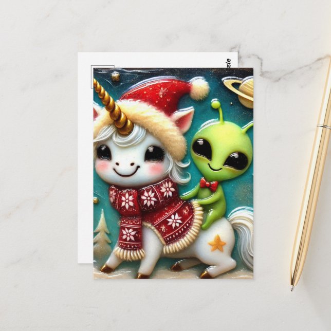 Festive Cute Christmas Alien and Unicorn Postcard (Front/Back In Situ)