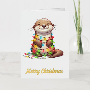 Festive Cute Christmas Otter Wrapped in Lights Foil Greeting Card