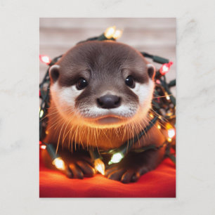 Festive Cute Christmas Otter Wrapped in Lights Postcard