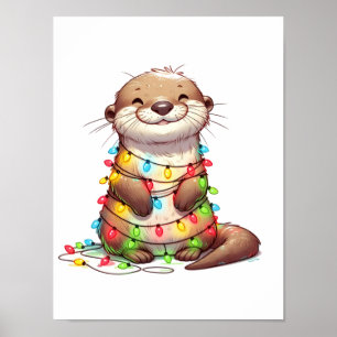 Festive Cute Christmas Otter Wrapped in Lights Poster