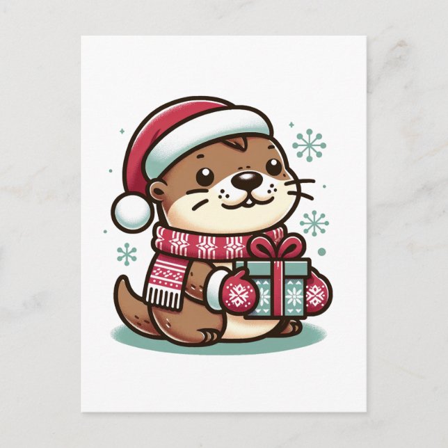 Festive Cute Christmas Otter Wrapped in Scarf Hat Postcard (Front)