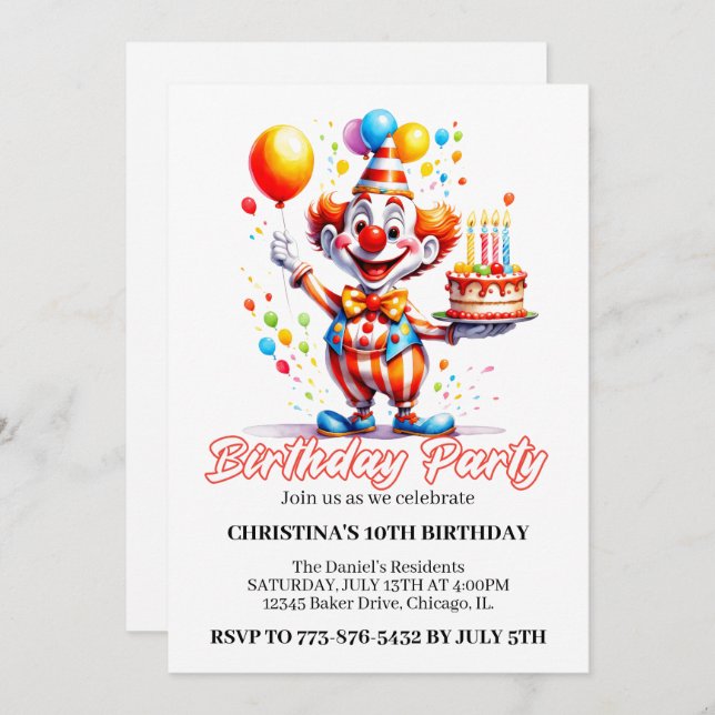 Festive Cute Clown Watercolor Birthday Party Invitation (Front/Back)