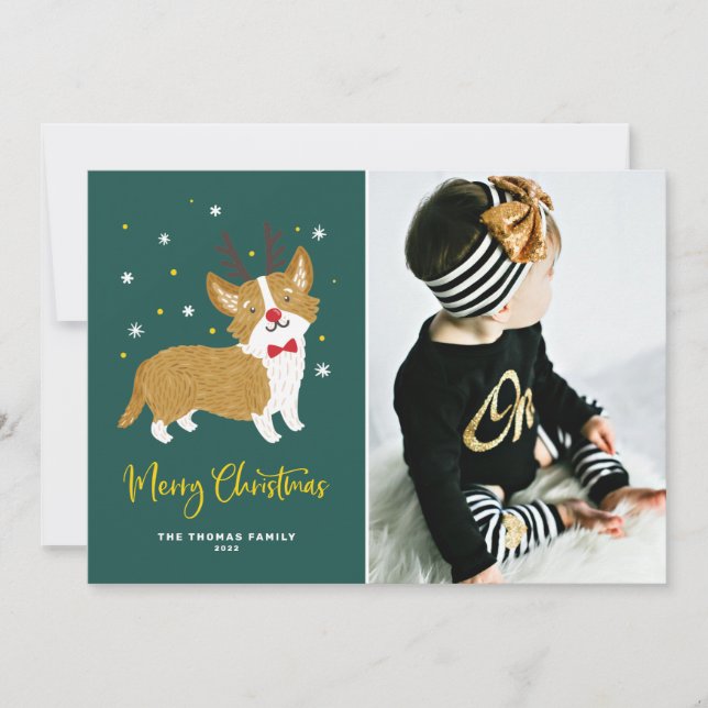 Festive Cute Corgi Reindeer Merry Christmas Photo Holiday Card (Front)