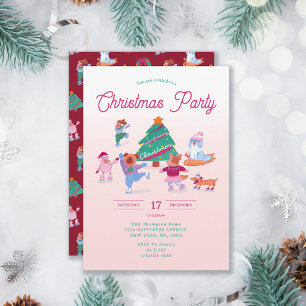 Festive Cute Dogs Ice Skating Pink Christmas Party Invitation