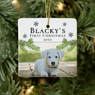 Festive Cute First Christmas Puppy Photo Ceramic Ornament