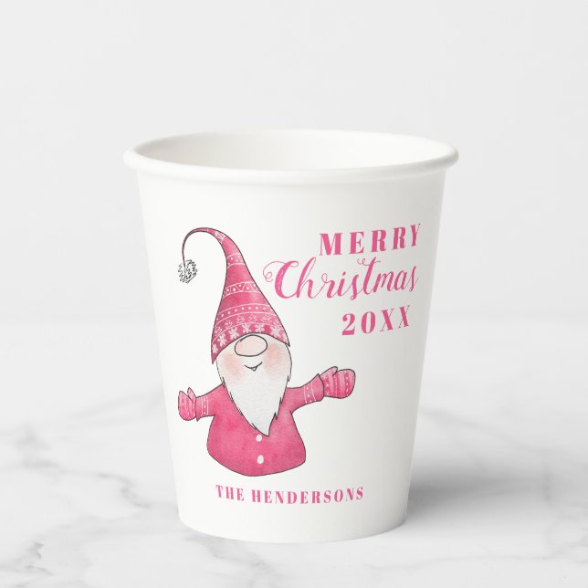 Festive Cute Gnome White and Pink Christmas Paper Cups (Front)