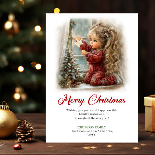 Festive Cute Little Girl Christmas Scene Greeting Holiday Card
