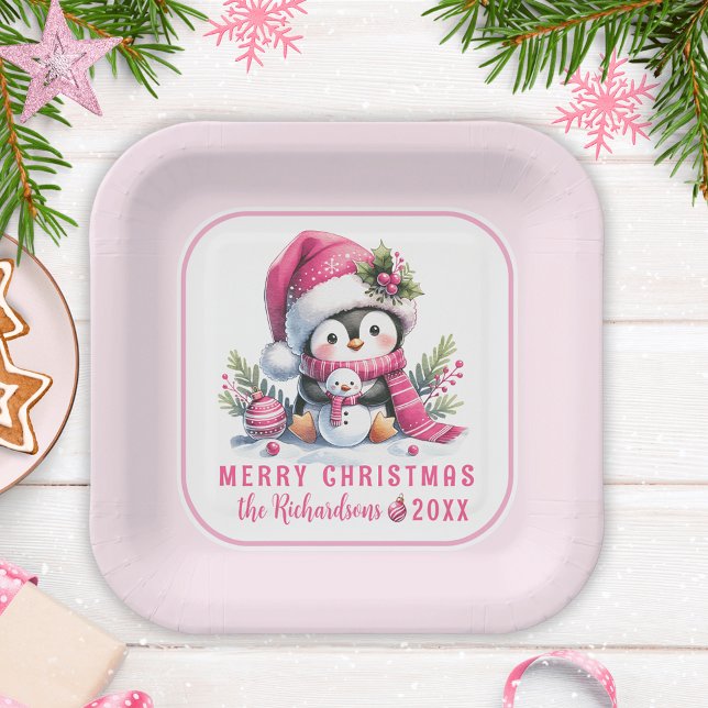 Festive Cute Penguin Pink Custom Merry Christmas Paper Plate (Creator Uploaded)
