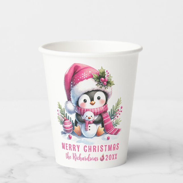 Festive Cute Penguin Pink Merry Christmas Paper Cups (Front)