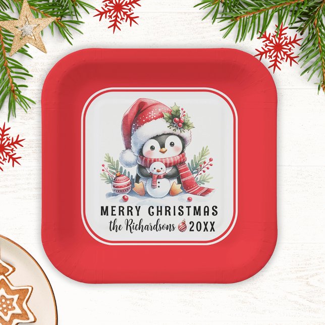 Festive Cute Penguin Red White Merry Christmas Paper Plate (Creator Uploaded)