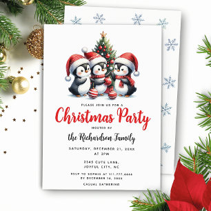 Festive Cute Penguins Christmas Party Invitation