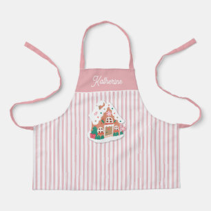 Festive Cute Pink Gingerbread House Stripe Name Apron