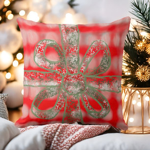 Festive cute plaid red white grey sage green bow   cushion