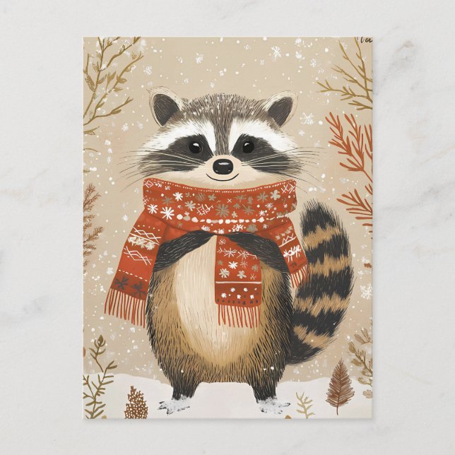 Festive cute Racoon Christmas Greeting Postcard (Front)
