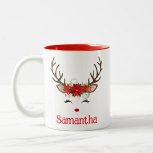Festive Cute Reindeer Face with Poinsettia Two-Tone Coffee Mug