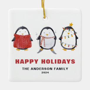 Festive Cute Watercolor Penguins Holiday Photo Ceramic Ornament