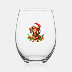 Festive Dachshund Painting - Holiday Doxie Stemless Wine Glass