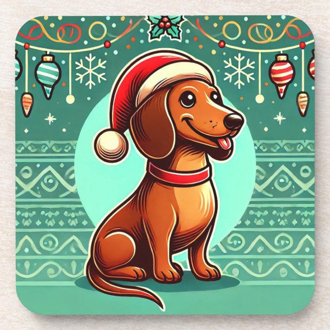 Festive Dachshund Wearing Santa Hat Coaster (Front)