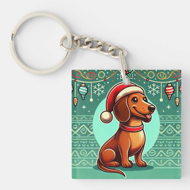 Festive Dachshund Wearing Santa Hat Key Ring (Front)