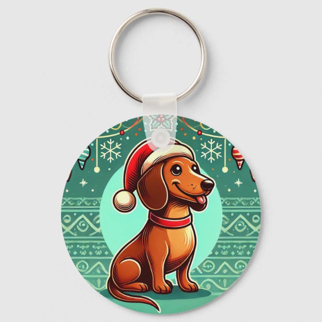 Festive Dachshund Wearing Santa Hat Key Ring (Front)